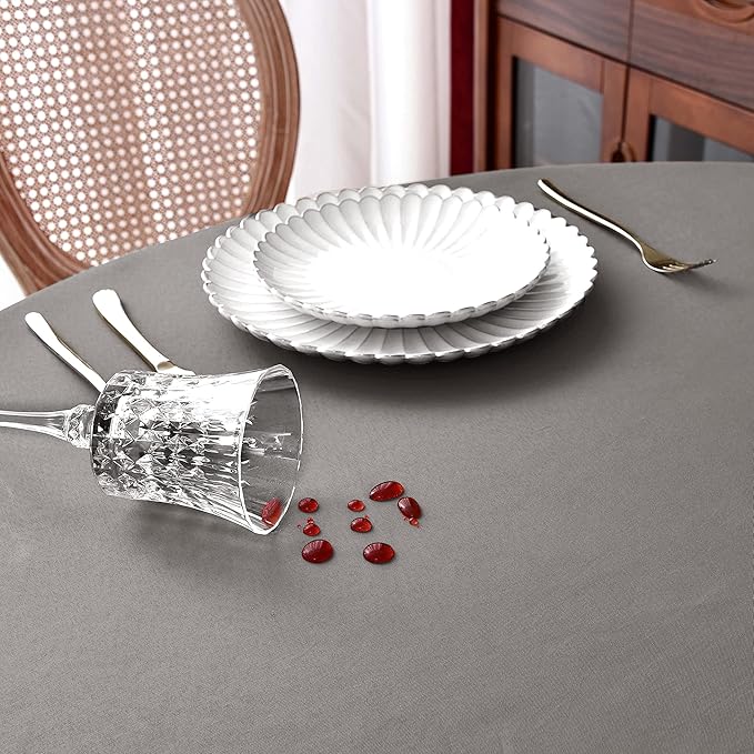 MEANMOY Grey 210 GSM Water & Stain Resistant Round Tablecloth for Circle Table - Solid 90 Inch Table Cloth Cover in Wrinkle Free Durable Washable Polyester Fabric for Wedding, Party, Banquet