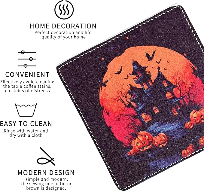 Marble Coasters Square Leather Drinks Coaster Set with Holder for Coffee Table Bar Home Decor 4 Inches Set of 6 (Halloween, One Size)