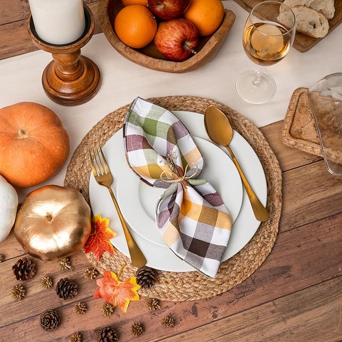 Blue Needles Buffalo Plaid Cloth Napkins - 100% Cotton Set of 12 Harvest Gingham Napkins 18x18 inches - Soft, Reusable, Washable, Ideal for Wedding Parties & Everyday Use - Harvest Checks