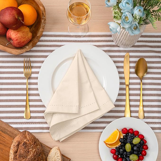 Blue Needles Set of 6 Hemstitch Linen Napkins 100% Cotton Cream Cloth Dinner Napkins 18x18 inches, Soft, Reusable, Absorbent, Washable, Ideal for Wedding Events, Parties & Everyday Use