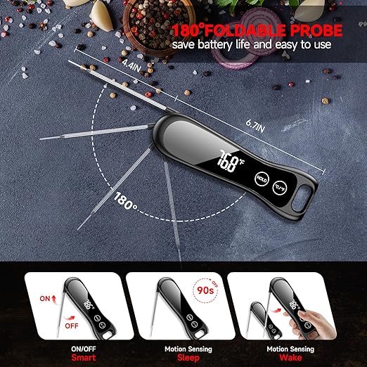 Digital Meat Thermometer 1 Second Instant Read Thermometer for Cooking,Grilling, Candy, BBQ, 180°Folding Probe IP67 Waterproof LCD Screen Thermometer Gifts for Her