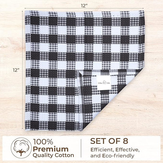 Urban Villa Cotton Dish Cloth Set of 8, Waffle Kitchen Cloth 12x12 Inch Highly Absorbent Soft Dish Cloths for Kitchen Cleaning & Drying Dishes Mitered Corner Dish Towels - Grey White, Buffalo Checks