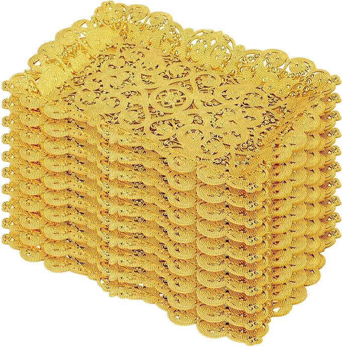 LemonRoad 10 Pcs Gold Plastic Serving Trays 16.1"x11" Decorative Hollow Lace Rectangle Platters Reusable Tea/Coffee/Dessert/Fruit Trays for New Year Holiday Wedding Birthday Party Table Decor