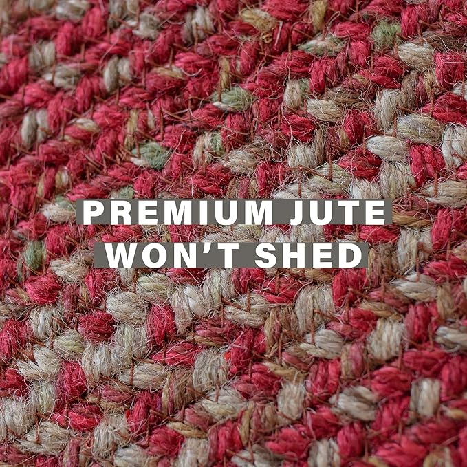 Homespice Apple Pie Oval Braided Rugs 27x45 - Jute Braided Red and White Kitchen Rugs for Country Decor, Rich Colors, Reversible, Low Maintenance No-Shed Jute