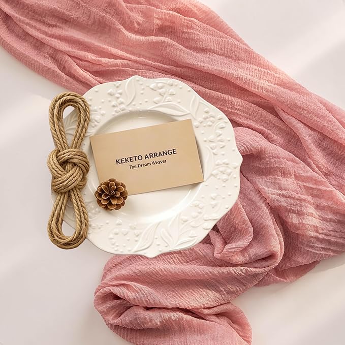 Keketoarrange Dusty Rose Valentines Cheesecloth Table Runner Gauze 120 Inch 10 FT Rustic Boho Cheese Cloth Runner for Wedding Baby Shower Bridal Shower Garden Party Sheer Spring Home Decorations