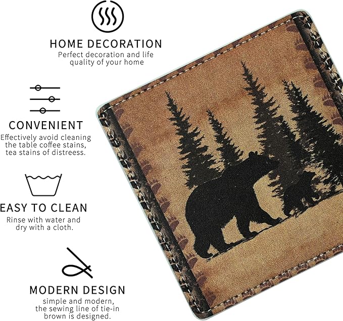 Marble Coasters Square Leather Drinks Coaster Set with Holder for Coffee Table Bar Home Decor 4 Inches Set of 6 (Forest Animals, One Size)