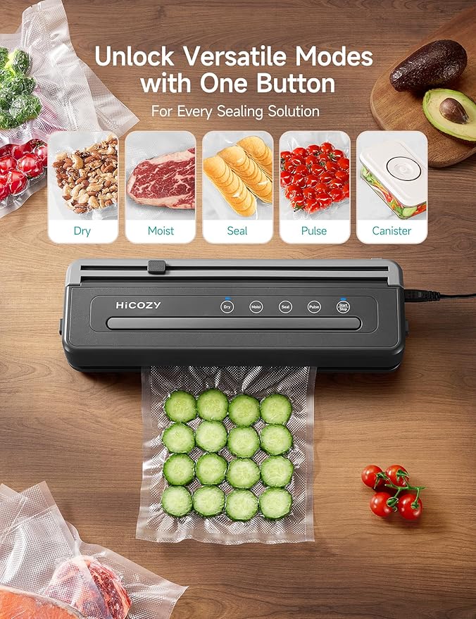 HiCOZY Compact Vacuum Sealer for Food, 5-in-1 Functions Vacuum Sealer with Detachable Drip Tray, Double Heat Seal, Built-in Cutter, 10 BPA-Free Bags, Space Gray