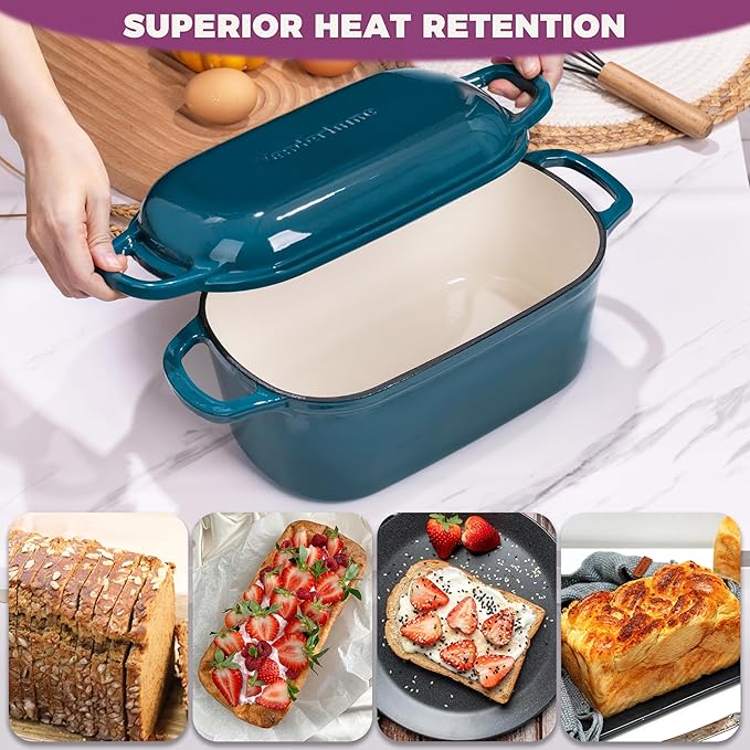 Vanderlume 4.6-Quart Oval Bread Dutch Oven, Enameled Cast Iron Bread Oven for Sourdough, Sourdough Bread Pan for Baking Artisan Loaves with Crispy Crust, Teal