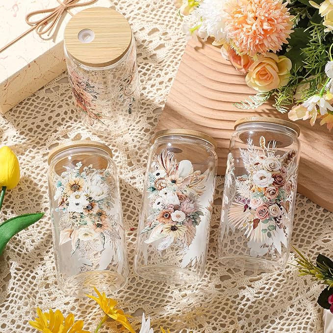 Mumufy 4 Pack Boho Floral Glass Tumbler Gift Set for Bridesmaid Gifts and Bridal Showers Soft Brown Spring Style Glass Cups