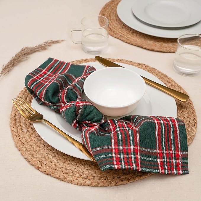 Blue Needles Gingham Buffalo Plaid Cloth Napkins 100% Cotton Set of 12 Dinner Table Christmas Napkins 18x18 inch Soft Reusable Washable Perfect for Event Parties & Everyday Use - Christmas Multi Green