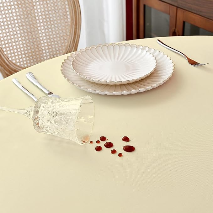 MEANMOY Ivory 210 GSM Water & Stain Resistant Round Tablecloth for Circle Table - Solid 60 Inch Table Cloth Cover in Wrinkle Free Durable Washable Polyester Fabric for Wedding, Party, Banquet