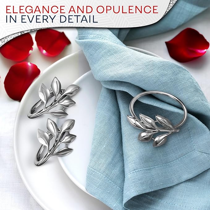 Set of 20 Silver Easter Napkin Rings - Decorative Silver Napkin Rings Set | Napkin Ring Holders with Elegant Leaf Design for Weddings, Parties & Special Occasions, Festive Easter Holiday Table Decor
