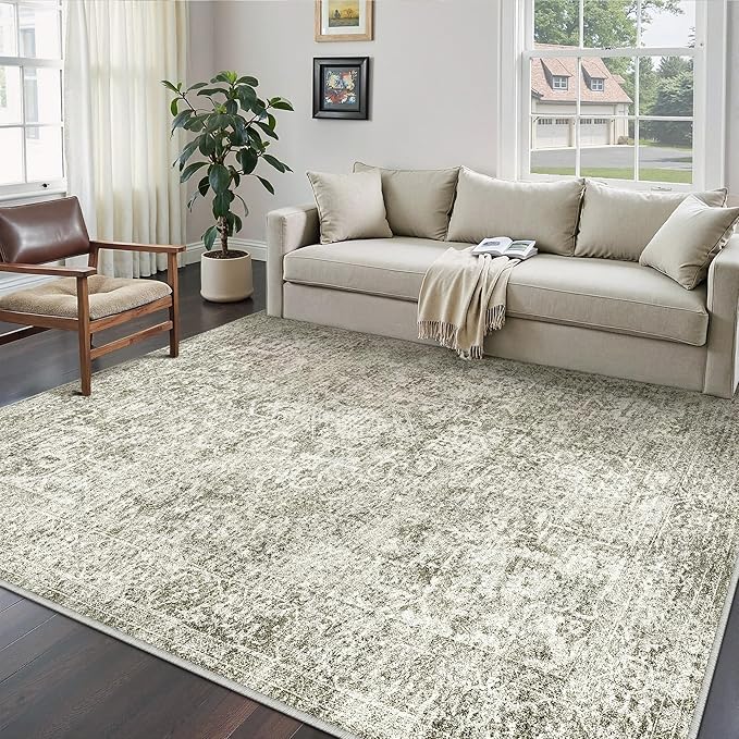 9x12 Area Rug Washable Vintage Neutral Living Room Carpet Large Indoor Non Slip Taupe Bedroom Distressed Low Pile Retro Accent Throw Rug for Dining Room