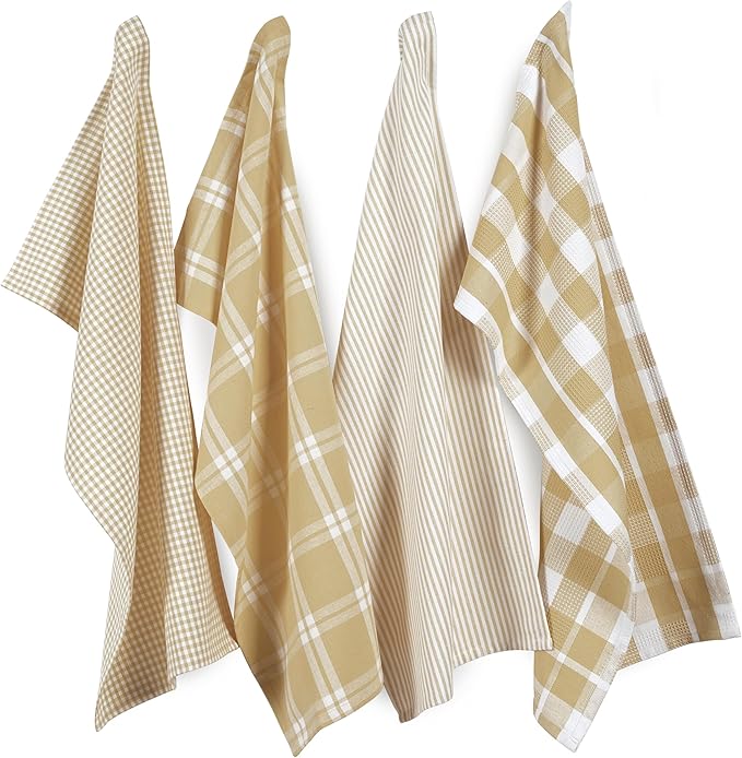 LANE LINEN 100% Cotton Kitchen Dish Cloths, Ultra Soft Absorbent Quick Drying Dish Towels, Multiweave Wash Cloths Dish Towel Sets, 13x28 Inches, 4 Pack - Beige