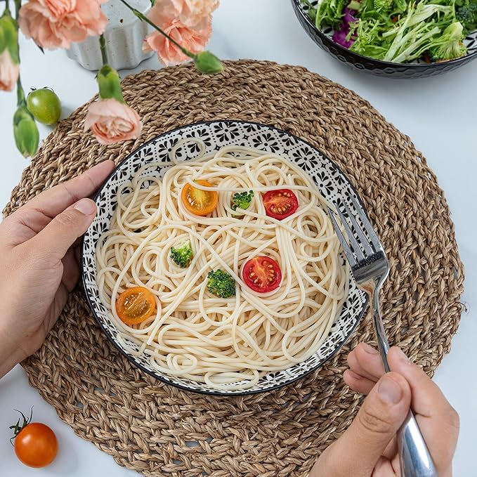 LEHAHA Ceramic Pasta Bowls Set of 4, 8.25" Large Porcelain Salad Bowls Soup Bowl for Serving Soup, Pasta, Noodle, Dinner, Large Kitchen Bowl Plates, Microwave & Dishwasher Safe,Black