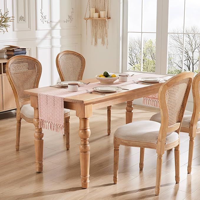 ZeeMart Macrame Style Boho Table Runner, Pink Table Runners 36 Inches Long, Farmhouse Woven Home Decor, 12x36 Inch, Light Pink