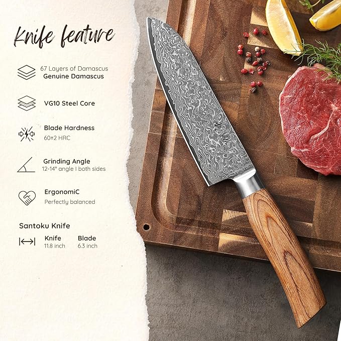 Wakoli EDIB Pro Damascus Santoku Knife – Japanese Style Kitchen Knife | 6.3-Inch Genuine Damascus Steel Blade with VG10 Core | Ergonomic Pakkawood Handle | High Cutting Performance