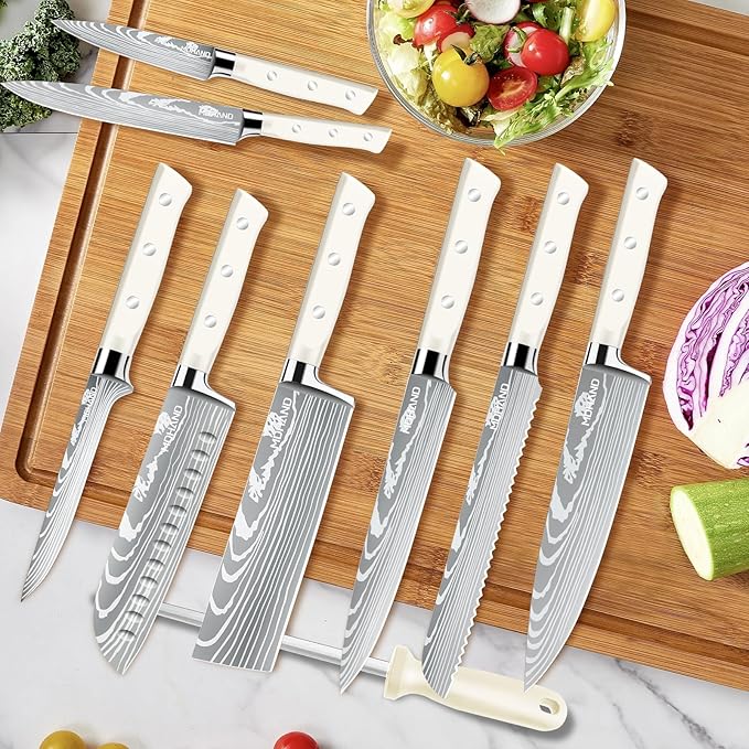 MDHAND Professional Chef Knife Set with Roll Bag, 9PCS Japanese Kitchen Knife Set with Sharpener, High Carbon Stainless Steel Kitchen Knives - Forged Triple Rivet, Dishwasher Safe, Chef Gifts, White