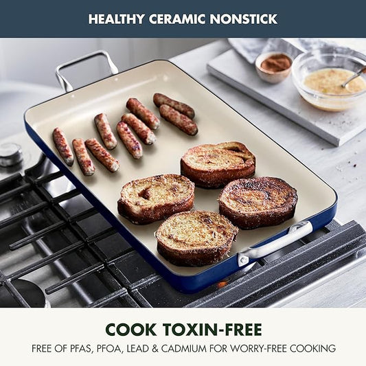 GreenPan 18" x 11" Double Burner Griddle Pan, Hard Anodized Healthy Ceramic Nonstick PFAS-Free, Stainless Steel Handles, Stovetop Cooking, Dishwasher Safe, Oven & Broiler Safe Cookware, Oxford Blue