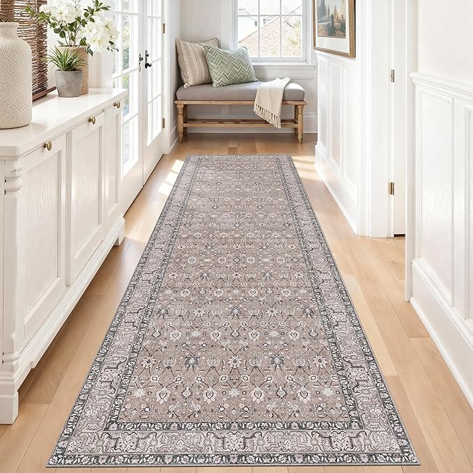 Kuden 2'6"x12 Runner Rug, Machine Washable Area Rug with Non-Slip Backing, Vintage Style, Soft, Easy Clean, Low Pile Rug for Hallway, Entryway, Kitchen, Bedroom