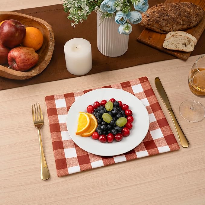 Blue Needles Gingham Buffalo Plaid Cloth Napkins 100% Cotton Set of 12 Dinner Table Napkins 18x18 inch Soft, Reusable, Washable Perfect for Wedding Parties & Everyday Use- Rust and Ivory
