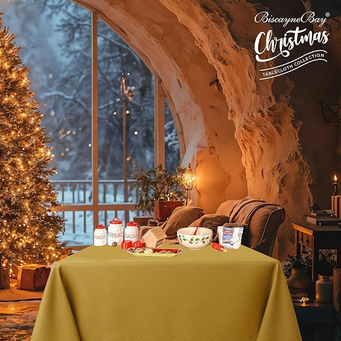 Biscaynebay Textured Fabric Christmas Square Table Cloth 60x60 Inches, Gold Water Resistant Tablecloths for Dining, Kitchen, Wedding and Parties etc. Machine Washable
