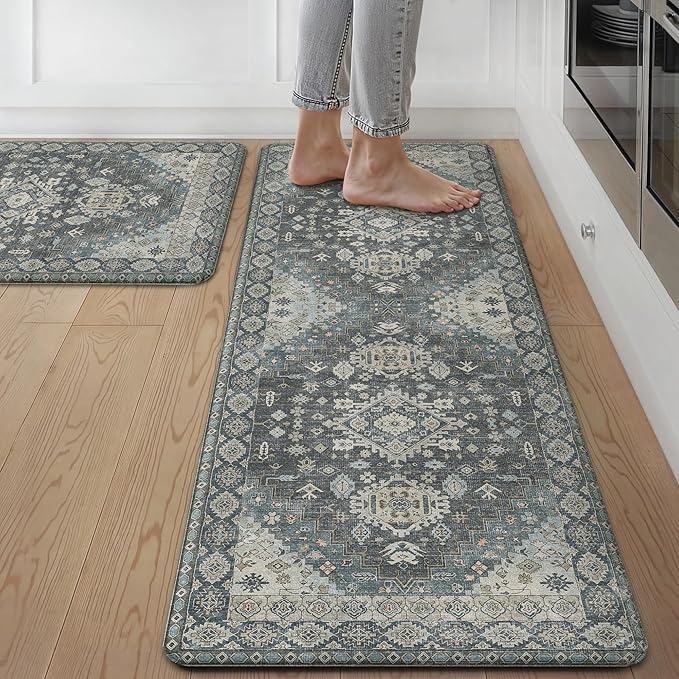 GENIMO Kitchen Mats for Floor, 2PCS Kitchen Rugs Non Slip Washable, Waterproof Anti Fatigue Mat, Comfort Standing Runner Rug for Sink, Office, Laundry, Home, 17.3"x47"+17.3"x30", Blue