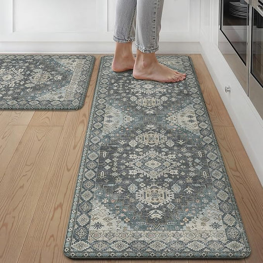 GENIMO Kitchen Mats for Floor, 2PCS Kitchen Rugs Non Slip Washable, Waterproof Anti Fatigue Mat, Comfort Standing Runner Rug for Sink, Office, Laundry, Home, 17.3"x47"+17.3"x30", Blue