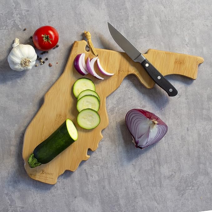 Totally Bamboo Florida State Shaped Cutting Board and Charcuterie Serving Platter with Artwork by Summer Stokes, Includes Hang Tie for Wall Display Varies