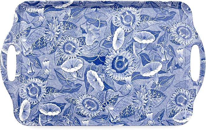 Spode Blue Room Sunflower Large Tray – (18.9" x 11.6") Rectangular Melamine Platter with White Floral Artwork, Durable Decorative Board for Hosting, Snacks, Tea, Food Serving & Entertaining