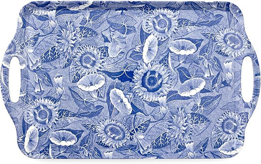 Spode Blue Room Sunflower Large Tray – (18.9" x 11.6") Rectangular Melamine Platter with White Floral Artwork, Durable Decorative Board for Hosting, Snacks, Tea, Food Serving & Entertaining