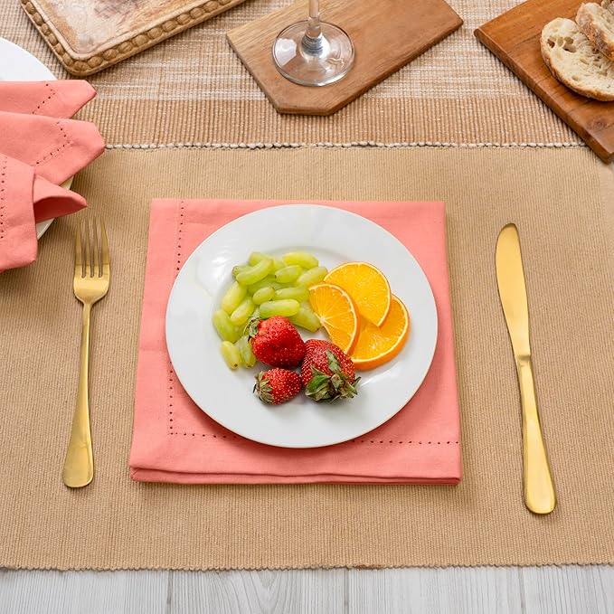 Blue Needles Set of 12 Hemstitch Linen Napkins 100% Cotton Salmon Cloth Dinner Napkins 18x18 inches, Soft, Reusable, Absorbent, Washable, Ideal for Wedding Events, Parties & Everyday Use