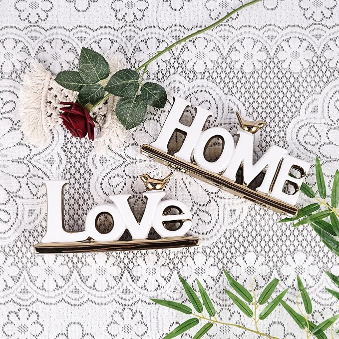 Love Sign Decor,White and Gold Room Decor Aesthetic, Knick Knack Shelf,Gold Bird Decor, Boho Bookshelf ,Abstract Gold Statue ,For Living Room,Bedroom, Contemporary Tv Stand set of 2 (2, White)