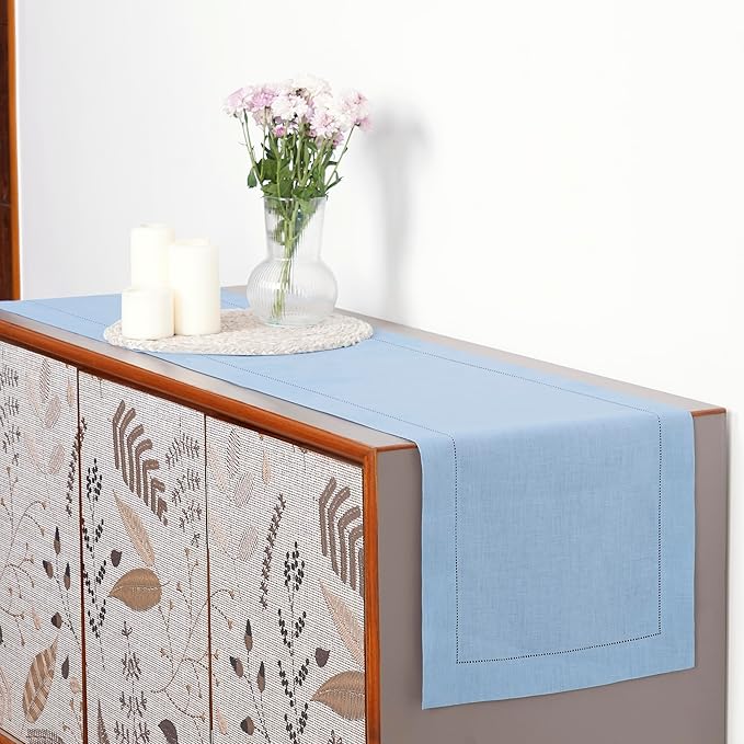 D'Moksha Homes Linen Powder Blue Table Runner 60 Inches - Classic Hemstitch, 100% Pure Linen Coffee Table Runner 14 x 60 Inch Ideal for Dresser Tables - Spring, Easter