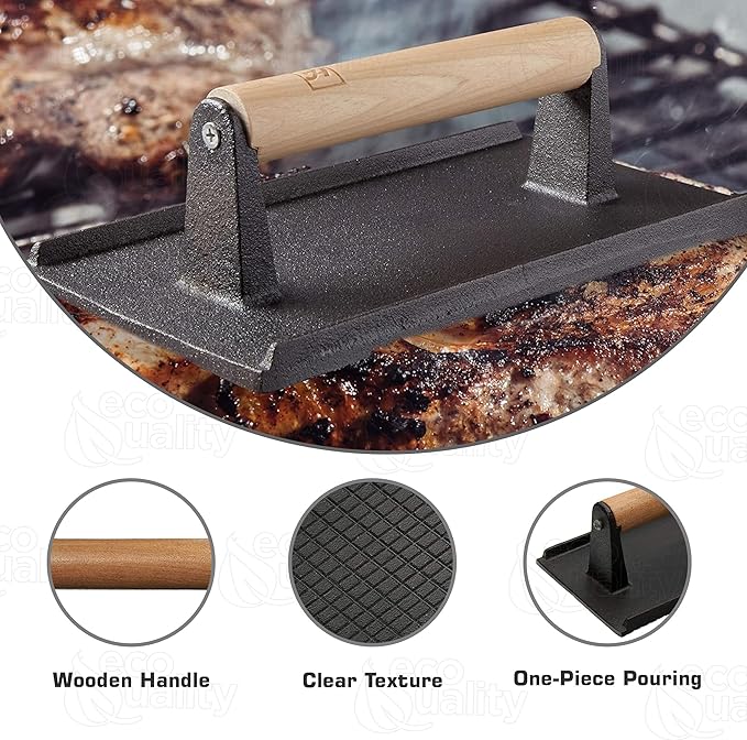 [1 PACK] Rectangle Grill Press with Wooden Handle 9 x 5 inches - Heavy Duty, Bacon Press, Burger Press, Panini Press, Meat Press - Ideal Cast Iron Press for Kitchen & Grill