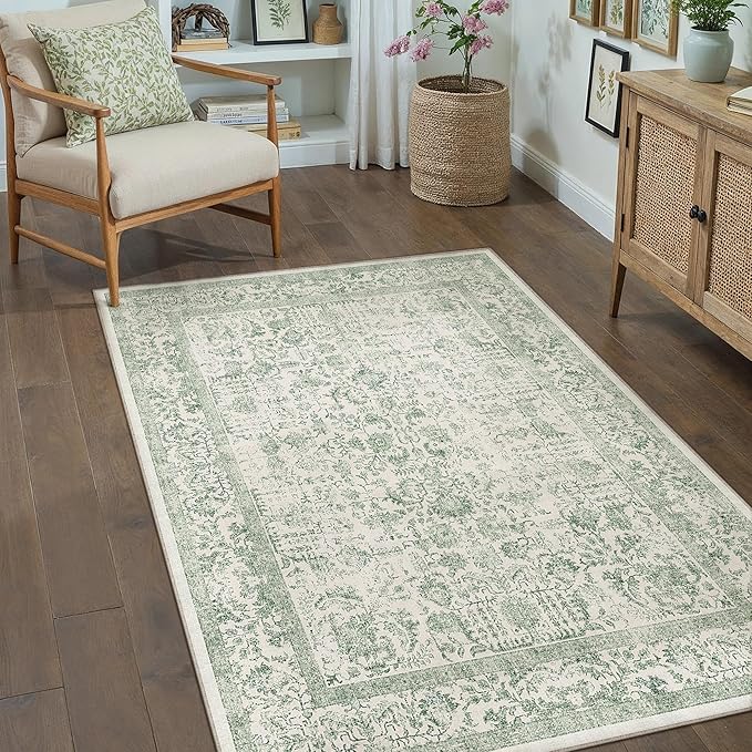 Sage Green Area Rug 4x6 Washable Office Entryway Carpet Vintage Distressed Non Slip Kitchen Indoor Entry Neutral Low Pile Retro Floral Farmhouse Throw Mat for Laundry Dining Room Bedroom