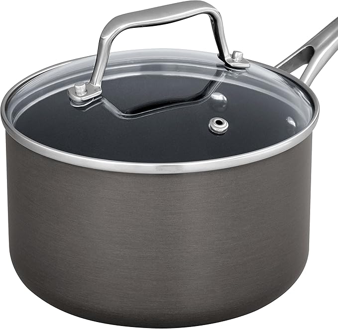 Amazon Basics Mini Sauce Pan With Lid, 1.9 Quarts, Hard-Anodized Non-Stick Aluminum, Gray