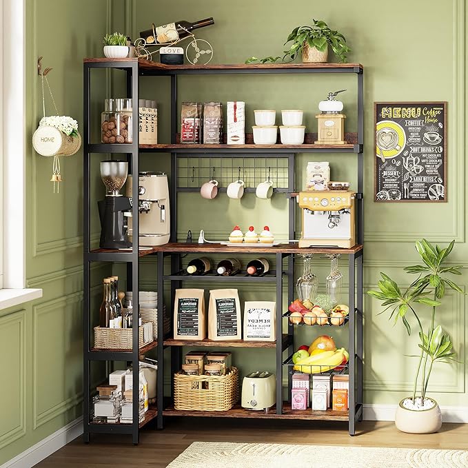 IRONCK Large Bakers Rack with Power Outlet, 6-Tier Corner Microwave Stand, Industrial Coffee Bar with Wine Rack, Hooks & Wire Baskets for Kitchen Spices/Pots, Rustic Brown