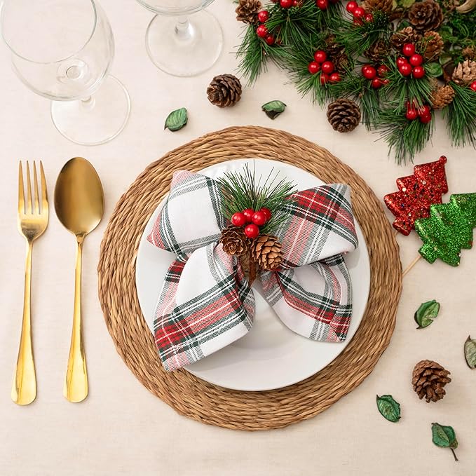 Blue Needles Gingham Buffalo Plaid Cloth Napkins 100% Cotton Set of 12 Dinner Table Christmas Napkins 18x18 inch Soft, Reusable & Washable Perfect for Parties & Everyday Use - Christmas White Red