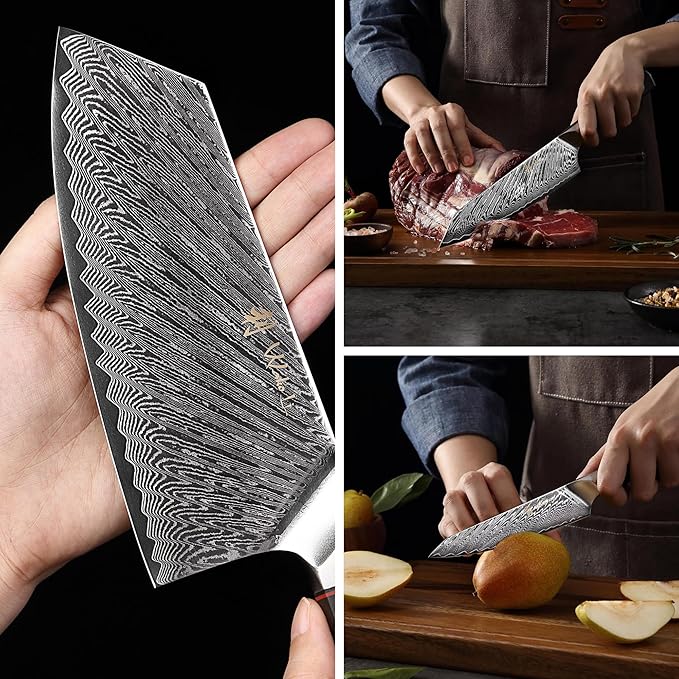 Wakoli Culinary Asia Damascus 4-Piece Knife Block Set with Magnetic Block – Professional Kitchen Knives made of 67-Layer Damascus Steel Blades & VG10 Core – Ergonomic Dark Oak Wood Handles in Gift Box