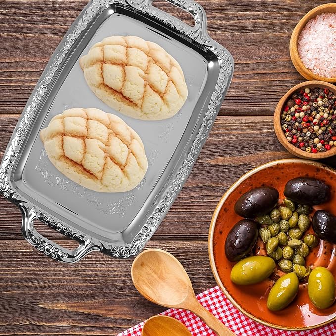 Rectangular Silver Serving Tray - Vintage Metal Tray for Whiskey - Dining Tableware and Decorative Platter Perfect for Entertaining and Home Decor
