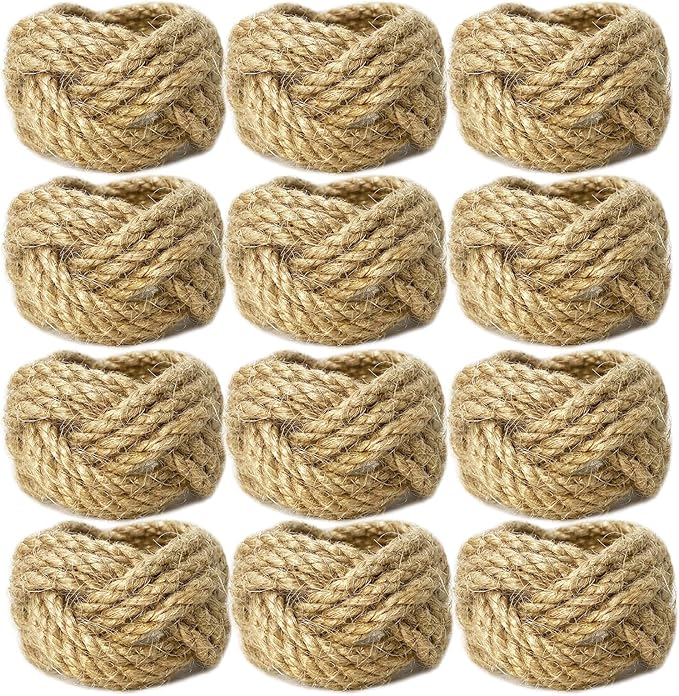 WINGFISH Woven Napkin Rings Bulk Set of 12 Farmhouse Burlap Jute Napkin Rings for Dinning Table, Nautical Napkin Ring Holders Table Decor for Party Gathering Banquet Wedding Birthday