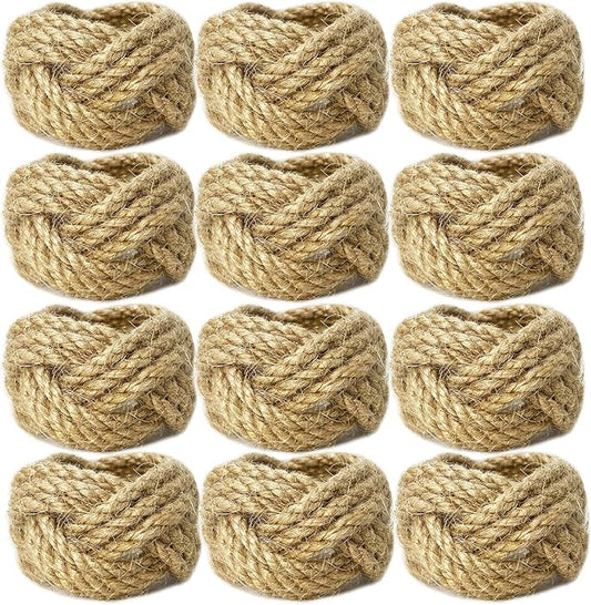 WINGFISH Woven Napkin Rings Bulk Set of 12 Farmhouse Burlap Jute Napkin Rings for Dinning Table, Nautical Napkin Ring Holders Table Decor for Party Gathering Banquet Wedding Birthday