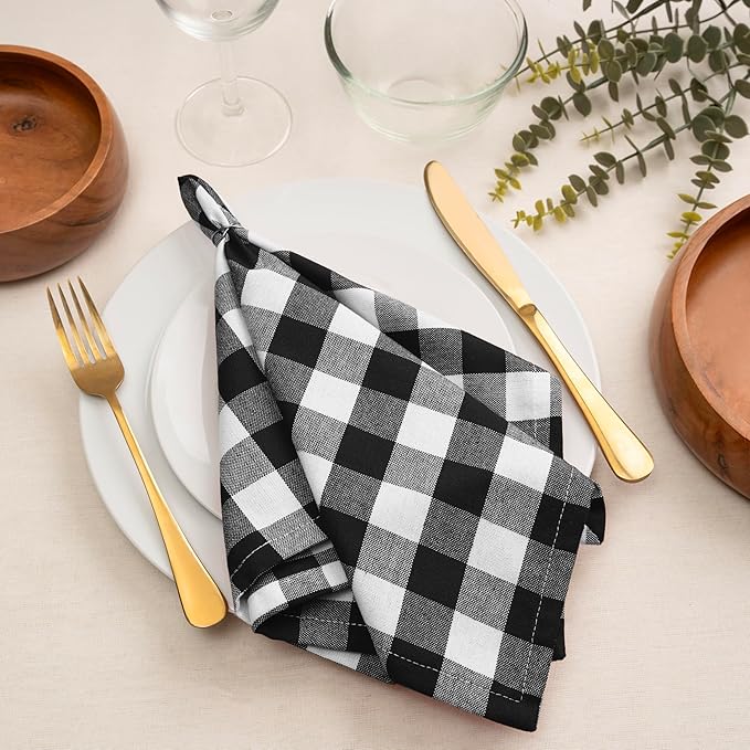 Blue Needles Gingham Buffalo Plaid Cloth Napkins 100% Cotton Set of 12 Dinner Table Napkins 18x18 inch Soft, Reusable, Washable Perfect for Wedding Parties & Everyday Use - Black and White