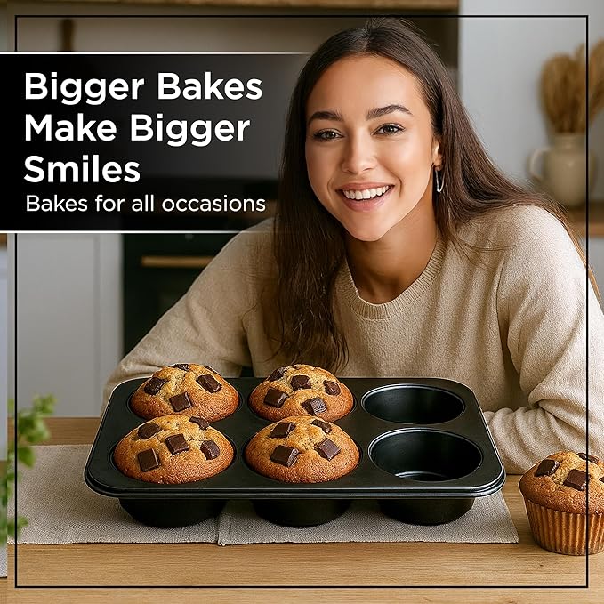 Wrenbury Jumbo Muffin Pan 6 Cup - Nonstick XL Deep Muffin Pan for Baking 3.75" Cup - Oversized Extra Large Cupcake Mold - Dishwasher Safe - PTFE Free - 446°F Oven Safe