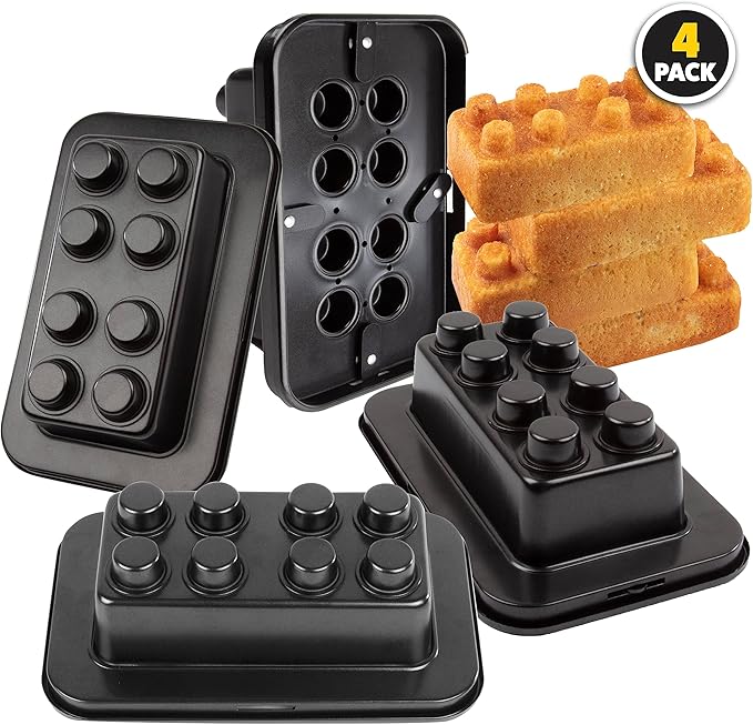 Brick Building Cake Pan Mold, 4 Pack- Build, Decorate Stack 9" 3D Shaped Cakes - Adult Birthday Parties, Special Holiday Occasion or Celebration, Easy Use NonStick Oven Bakeware, Christmas Baking Gift