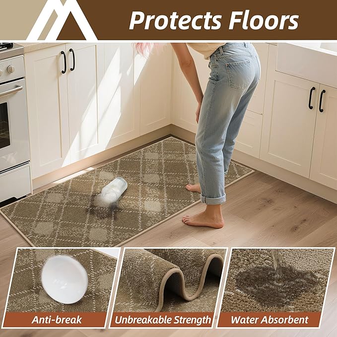 COSY HOMEER Kitchen Rugs and Mats Sets 2PCS Non-Slip Soft Kitchen Mats for Floor Absorbent and Stain Resistant Kitchen Floor Mat Washable Plaid Rugs for Kitchen,24"x36"+24"x60",Taupe