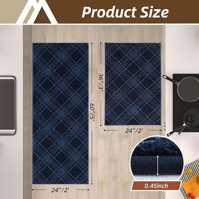 COSY HOMEER Kitchen Rugs and Mats Sets 2PCS Non-Slip Soft Kitchen Mats for Floor Absorbent and Stain Resistant Kitchen Floor Mat Washable Plaid Rugs for Kitchen,24"x36"+24"x60",Navy Blue