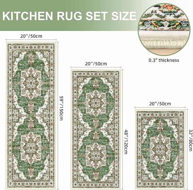 Tritard Non Slip Kitchen Rugs Sets of 3 Washable Kitchen Rug Boho Kitchen Mats for Floor Soft Kitchen Runner Rug Non Skid Kitchen Floor Carpet for Entryway Hallway Laundry Room, Green