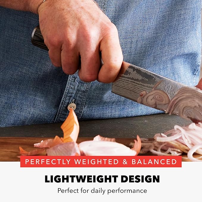GreenPan x Bobby Flay 5” & 7” Santoku Knife Set, Premium Stainless Steel Blades, Precision Cutting Kitchen Tools, Ultra-Sharp Cutlery, Hand Finished Ergonomic Wood Handle, Damascus Steel Design